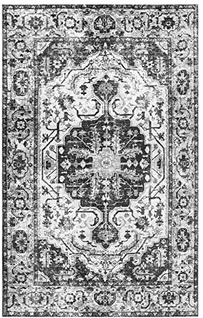 CAROMIO Vintage Teppich Wohnzimmer, In & Outdoor Schmutzabweisender Vintage-Teppich, Rutschfester Kurzflor Mit Orient-Design, Teppich für Schlafzimmer, Esszimmer, Küche, 80 x 150 cm, Grau