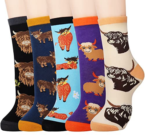 Jeasona 5 Paar Highland Cow Socken für Damen 35-38 Baumwolle Schottisches Hochlandrind Socken für Mädchen Weihnachten Kuh Geschenke für Tochter Enkelin