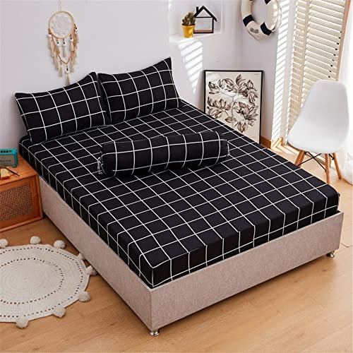 Morbuy Spannbettlaken klassisch Muster Spannbetttuch Weiche Mikrofaser Boxspringbett Bettlaken Geeignet für Matratzen Boxspringbett Bis 22cm Höhe mit 2 Kissenbezug (90x200cm,schwarzes Plaid)