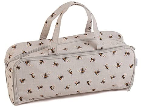 Hobby Gift Exclusive Knitting Bag 100% Soft Cotton, Zipped Knitting Pin Case, Yarn Eyelet, Yarn Holder, Crochet Bag, Double Handle, 13 x 45 x 18cm, Bees