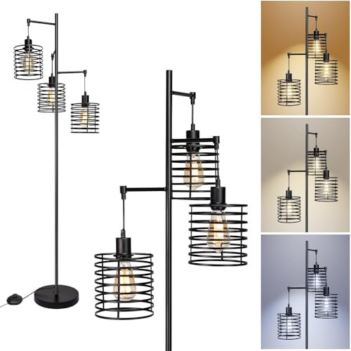 FIRVRE Industrial Floor Lamps with Circle Cage lampshades, Vintage Standing Lamp with 3-Light, Black Metal Farmhouse Rustic Tall Tree Lamp with Switch, Living Room Bedroom Sofa Corner