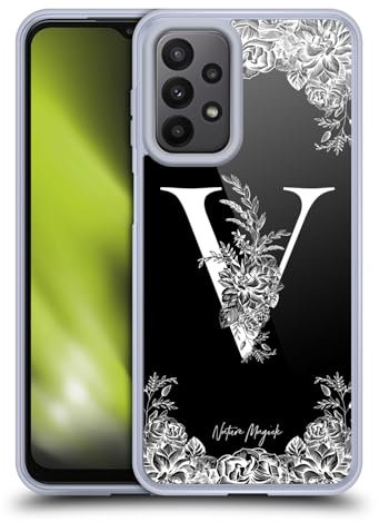 Head Case Designs Offizielle Nature Magick Buchstabe V Monogramm Blumen B&W 2 Gel Handyhülle Hülle [Militärischer Schutzgrad] Kompatibel mit Samsung Galaxy A23 / 5G (2022)