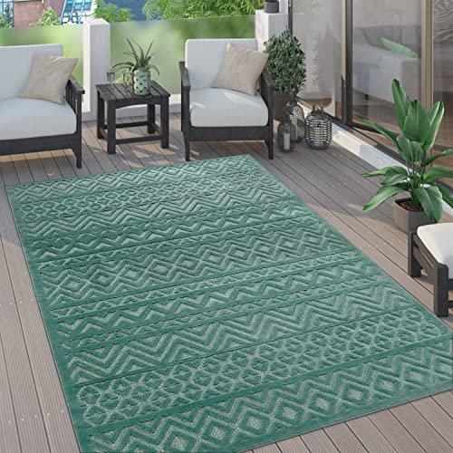 Paco Home Outdoor Teppich wetterfest & langlebig Moderne Boho-Designs mit 3D-Effekt Skandi-Look UV-beständig & robust für Balkon, Garten, Wohnzimmer & Küche, Grösse:120 cm Rund, Farbe:Türkis