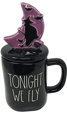 Rae Dunn Ceramic Halloween Mug with Decorative Lid (Tonight We Fly/Black/Purple)