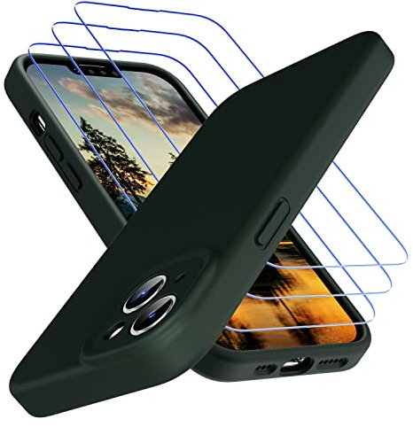 Uluck iPhone 14 Hülle+Panzerglas Set [1 Handyhülle+ 3 Panzerglas] Flüssigsilikon Handyhülle mit 9H Displayschutzfolie Kompatibel mit iPhone 14(6,1 Zoll)-Waldgrün