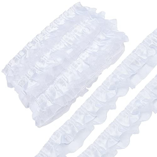 GORGECRAFT 10m 2-Lagiges Organza-Spitzenband Plissee-Satin-Spitzenkante 4cm Weißer Rüschen-Chiffon-Kantenbesatz Tüllstoff Für Stoffapplikationen Verzierungen DIY-Näharbeiten