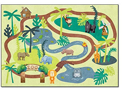 Kinderzimmer Spielzimmer Niedlicher Cartoon-Zoo mit grünem Wald, Rechteckige Kinderzimmerteppiche für Schlafzimmer und Spielzimmer-80x120cm
