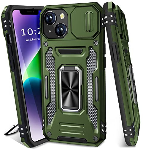 BaHaHoues for iPhone 13 Case/iPhone 14 Case with Slide Camera Cover+Magnetic Kickstand Ring, Military Grade Protective Case for iPhone 14 & iPhone 13 (Olive Green)