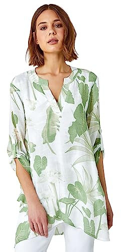 Roman Originals Foral Print Tunic Top for Women UK Ladies Casual Shirt Smart Blouse Asymmetric Wrap Hem Spring Summer Holiday Party Beach Cruise 3/4 Sleeve Longline Oversized - Green - Size 14
