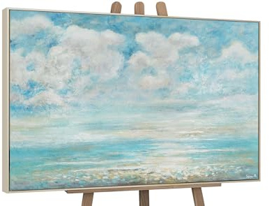 YS Tableau peinte à la main Refroidissement estival Peinture abstraite sur toile paysage d'été avec mer et nuages, couleurs claires Surface texturée avec cadre 120x80 cm