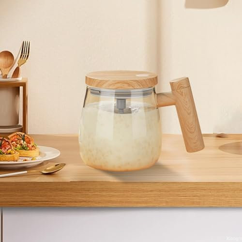 Taza autoagitable: 400 ml taza de café eléctrica automática de vidrio de borosilicato alto taza de mezcla con tapa pomo mezclador taza de café para café, té, zumo de leche, cacao (color arce)