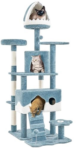 Yaheetech Kratzbaum XXL 93x55x184 cm, Ozean-Thema Katzenbaum, mit 3 Katzenhöhle 5 Sisalstämme 4 Plattformen, Stabiler Stilvoller Kletterbaum für Katzen, Blau/Weiß