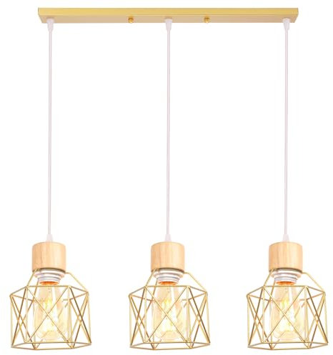 iDEGU 3-flammig Hängelampe Vintage aus Holz Metall Lampe im Industrie Design Käfig Lampenschirm E27 Deckenleuchte Retro Pendelleuchte für Esszimmer, Küche, Wohnzimmer (Holz, Balken, Gold)