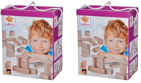 Eichhorn 50 naturfarbene Holzbausteine in der Aufbewahrungsbox mit Kordel und Sortierdeckel, FSC 100 Prozent zertifiziertes Buchenholz, für Kinder ab 1 Jahr (Packung mit 2)
