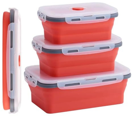 Frischhaltedosen mit Deckel, Faltbare Silikon Brotdose Meal Prep Boxen Gefrierdosen Frischhaltedosen für Kinder oder Küche, Mikrowelle, Dishasher und Gefrierschrank sicher (1200, Rot, 1, 474067)