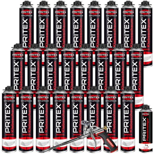 PRITEX - WDVS Klebeschaum MEGA Set 24 x 750 ml inkl. Bauschaumpistole und Reiniger zum Isolieren, Fixieren & Befestigen /// Montageschaum Dämmstoffkleber mit sehr guter Haftung