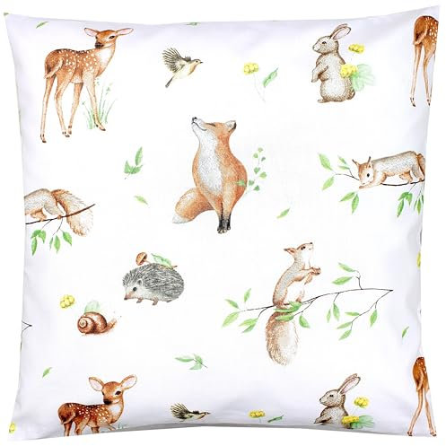 TupTam Kinder Kissenbezug Kissenhülle Dekorativ Gemustert, Farbe: Waldtiere/Igel/REH/Fuchs/Kaninchen/Beige, Größe: 80 x 80 cm