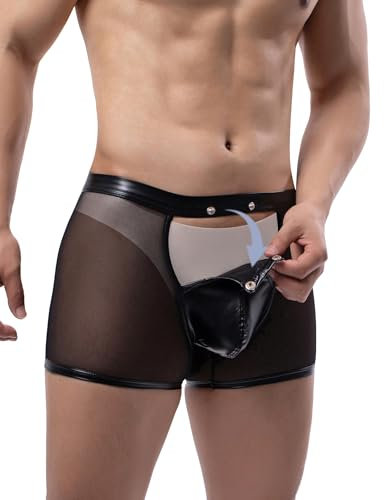 ohyeahlady Sexy Boxershorts für Männer Vorne Offen Mesh Unterwäsche Transparent Clubwear Herren PU Leder Pouch Underwear Große Größen Trunks Gay Sissy Dessous Wetlook Shorts Boxerbriefs Schwarz XL
