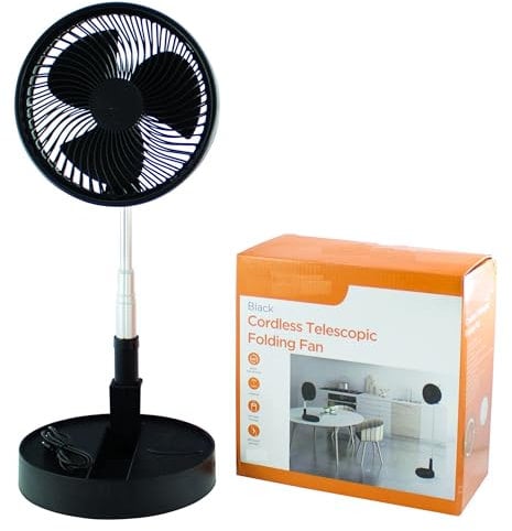 MantraRaj Cordless Telescopic Folding Fan USB Rechargeable Compact Design For Adjustable Height Air Circulator Floor Fan for Outdoor, Courtyard, Beach, Home, Office, and Travel Pedestal Fan (Black)