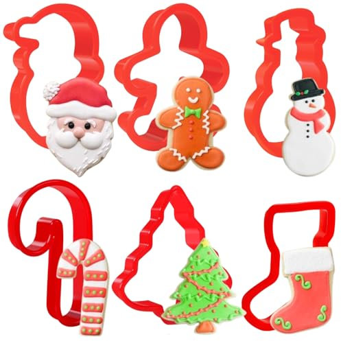 Orapink Cortador de galletas de Navidad, juego de 6 cortadores de galletas de plástico, hombre de jengibre, árbol de Navidad, muñeco de nieve, calcetín de Navidad, bastón de caramelo y Papá Noel,