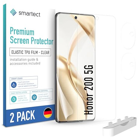 smartect TPU Protecteur d'écran [2 + 2 Pièces] pour Honor 200 5G, Écran + Caméra, Couvre tout l'écran, Installation sans Bulles, Protection Anti-Traces de Doigts