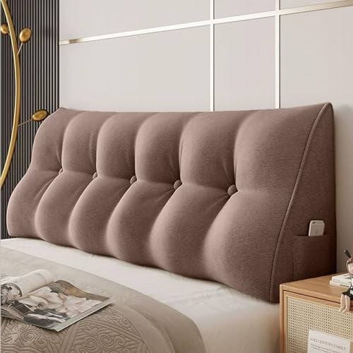 Plump Bed Reading Pillow with Pocket for Sofa Large Tatami Washable Bolster Triangle Back Rest Cushion Brown 100×50×20cm