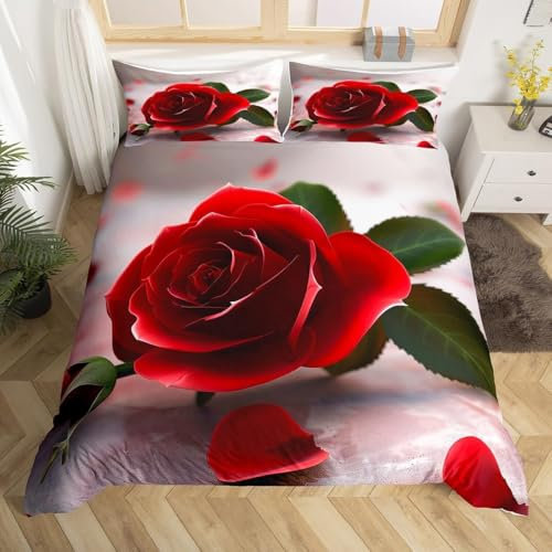 TACOKI Rose Duvet Cover Sets 150 x 200 Roses Bedding Set for Kids Adults Boys Girls, 3D Printed Soft Comfy Microfiber Quilt Cover with 2 Pillowcases with Zipper Closure 3518z
