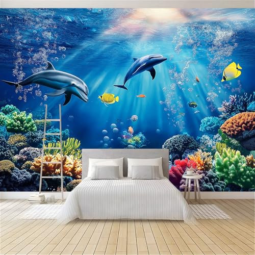 Vlies Fototapete 3D Effekt Blau Unterwasserwelt Korallenriffe Delfine Vliestapete - Wandtapete Für Wohnzimmer Schlafzimmer Büro Flur Tapete Kinderzimmer Jungen Mädchen Wandtapete 400 x 280 cm