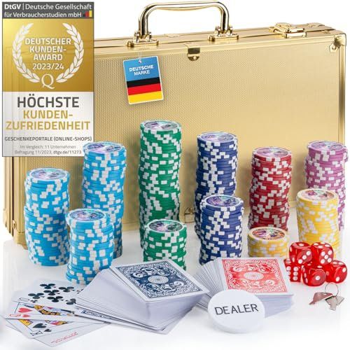 Profi Pokerkoffer Pokerset inkl. 300-500 schwerer 12g Metallkern Poker-Chips; Pokerdeck, Kartendeck, Pokerkarten, Würfel, Dealer-Button; abschließbar Alu-Koffer; Casino für Zuhause (Gold, 300 Chips)