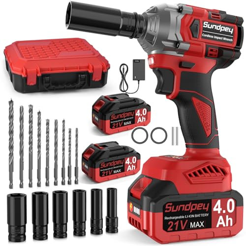 Sundpey Akku Schlagschrauber 650Nm - 21V Drehschlagschrauber mit 2 * 4000mAh Akkus, 2-in-1 Impact Wrench für Haus und Auto mit 6 Steckdosen & 9 Bohrer & Ladegerät & LED-Arbeitslicht