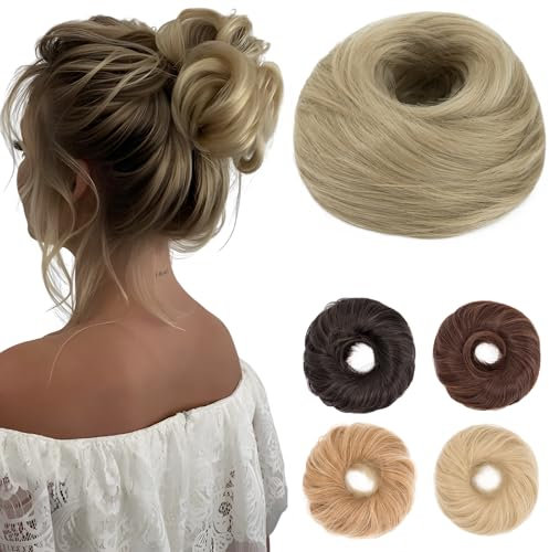 Benehair Haarteil Mit Gummiband Dutt Haarteil Haargummi Mit Haaren Synthetisch Haarverlängerung Haardutt Messy Bun für Damen Mädchen(Blasses Aschblond, 55g)