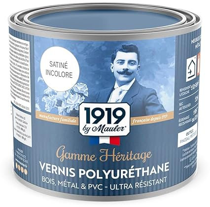 1919 By Mauler Vernis Polyuréthane pour bois, métal et PVC - Satiné Incolore 0,5L - Haute résistance qualité professionnelle