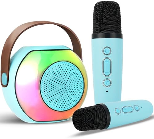 Koolcover mini karaoke machine, Bluetooth Speaker with 2 Wireless Microphones, Birthday Gifts for Age 3-15 Years Old Girls Gifts, Portable Speaker with Voice Changing Effects & LED Lights, Blue