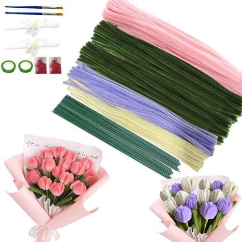 XPJBKC Pfeifenreiniger Blumen Set, 400 Stück Pfeifenputzer zum Basteln, Pfeifenreiniger zum Basteln mit Klebeband Bänder Floristenkrepp Farbpulver, Pipe Cleaner Flower Set für Blumenstrauß DIY