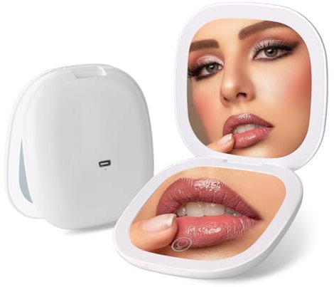Colexy Miroir de Poche avec Grossissement 1X/5X, LED Miroir de Maquillage Compact, Rechargeable et Portable, Petit Miroir de Voyage Double Face Pliable pour Sac à Main, Cadeaux pour Femmes (Blanc)