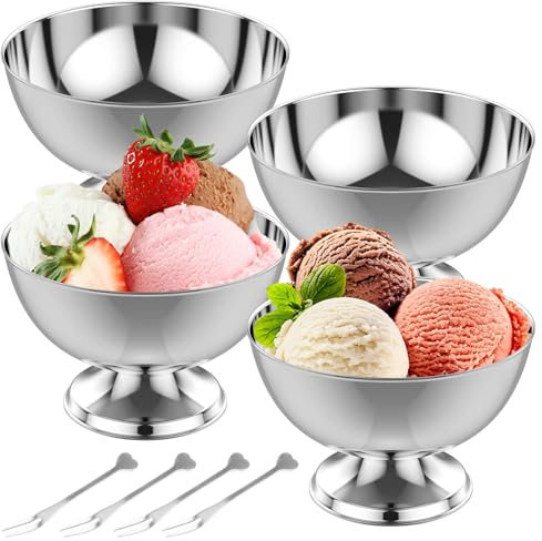 Ghshanog Lot de 4 bols à crème glacée en acier inoxydable - 250 ml - Réutilisables - Pour sundae, crème glacée, pudding, salade, cocktail, condiment