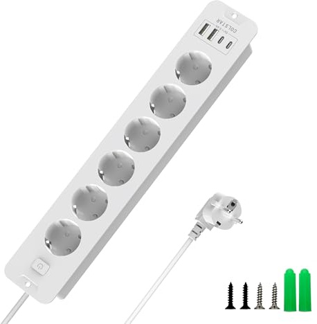 COLSTAR 6-Fach Einbausteckdose USB-C, Überspannungsschutz, 2m Kabel, Weiß | 16A/4000W, mit Maßschablone für einfache Montage, 6 Schuko + 4 USB-Ports (2×USB-A + 2×USB-C)