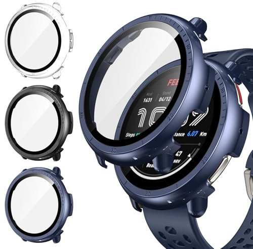 Neitra 3 Stück Hülle Kompatibel mit Amazfit Active 2 44MM,Hart PC Bumper Case mit HD Gehärtetes Glas Displayschutz Folie,Vollständige Abdeckung Kratzfest Ultradünn Schutzhülle für Amazfit Active 2