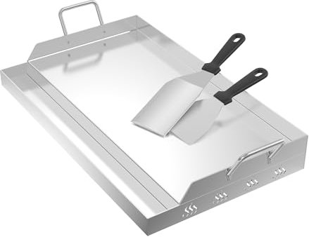 Froadp Placa de acero inoxidable para barbacoa | Plancha universal para barbacoa de 51 x 32 x 7 cm con canaleta para aceite | gas y carbón | Accesorios para barbacoa, incluyendo espátula y asas