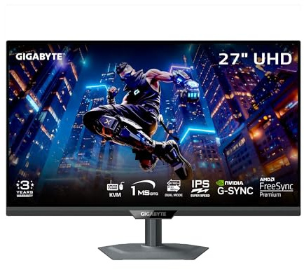 GIGABYTE - M27UP - 27 SS IPS Gaming Monitor - UHD 3840x2160-160Hz - 1ms GTG - AMD FreeSync Premium, G-SYNC Compatible - Dual Mode - Type C KVM - HDMI, DP, Type-C - Height and Tilt Adjustable -Black