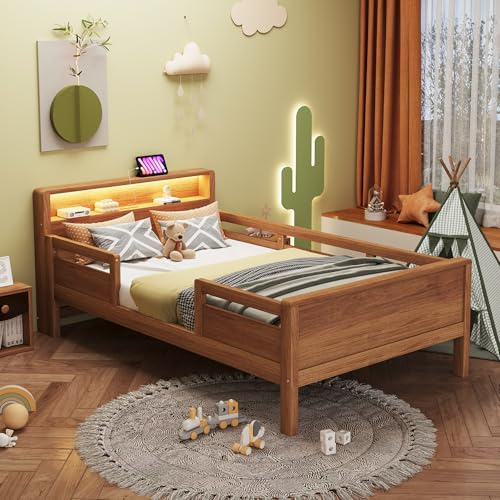 Merax Holzbett 90x200 cm, Kinderbett, Einzelbett aus Kiefernholz, Kopfteil mit Ablagefach, LED-Leuchte und USB-C Ladeanschluss, Holzfarbe (ohne Matratze)