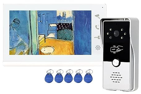 White RFID Unlock Video Door Phone Intercom System with 7 Inch Indoor Sn and Outdoor Waterproof Camera (Set 1White)