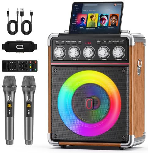 Karaoke Machine for Adults with 2 Wireless Microphones, Portable Bluetooth 5.3 Speaker with Bass/Treble/Echo Adjustment, PA System with Remote Control, Supports TWS/TV/TF Card/USB/AUX