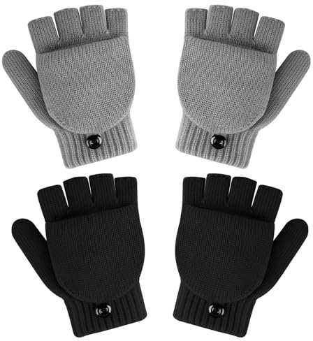 Kiiwah 2 Paires Gants Enfant Hiver, Mitaine À Double Usage, Convertibles Gants Hiver Tricoté pour Fille Garçon à Clapet Ski Velo École 3-12 Ans