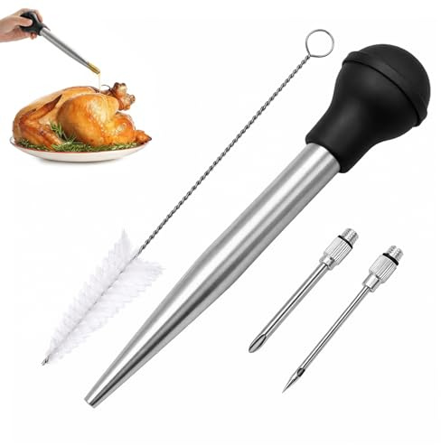 Turkey Baster, Baster for Cooking, Meat Baster, Basting Syringe, Turkey Baster Syringe, Plastic Turkey Baster, 4-Piece Set with 304 Stainless Steel Tube, Two Injection Needles, Cleaning Brush, Black S