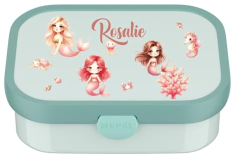 Mepal Brotdose Kinder personalisiert, Lunch Box mit Fächern, Brotzeitdose Campus mit Name bunter Aufdruck Meerjungfrau (mint)