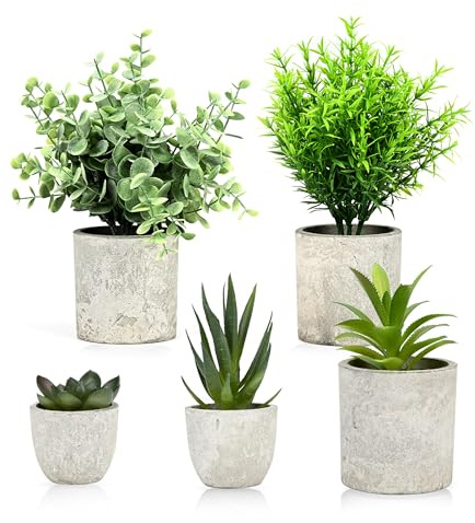 Pack of 5 Artificial Plants Indoor, Lifelike Fake Plants Set with Snake Tongue, Agave Succulent & Eagle Claw Aloe, No Maintenance House Plant Decor for Shelf Desk Windowsill, Faux Plant Bundle for Hom
