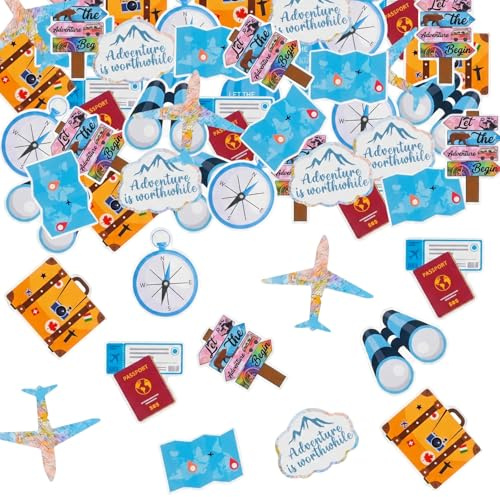 100 Stück Reise Konfetti, Blau Weltweite Reisen Streudeko, Flugzeug Globus Koffer Kompass Papier Confetti, Tischdeko für Geburtstag, Ruhestand, Abschlussfeier und Abenteuer Themenparty