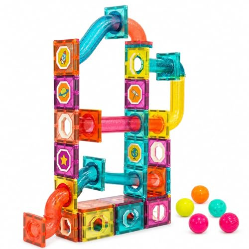 Magnetische Bausteine Montessori Spielzeug - 42 Magnetic Tiles Kinder | Murmelbahn Magnetisches Konstruktionsspielzeug Ab 3 Jahre - Smart Playground Magnetbausteine, Magnetset Kinder