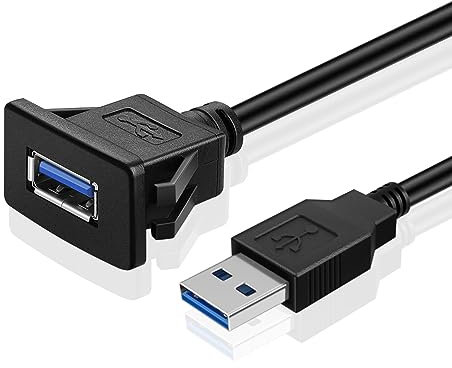 TNP USB Einbaubuchse Kabel - 1m, Kfz USB 3.0 Einbau Buchse Kabel, USB Verlängerungskabel, viereckiger USB Armaturenbrett Kabel, Stecker auf Buchse Adapter für Auto, LKW, Boot, Motorrad, schwarz